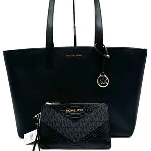 Michael Kors Medium Jet Set Travel Zip Tote Bag & Double Zip Wallet Black/Gold